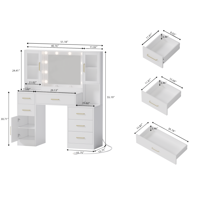 UGTOO 51.18 Inch 6 Drawers 3 Dustproof Cabinet Vanity with Stool