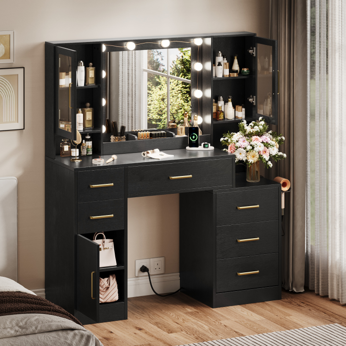 UGTOO 51.18 Inch 6 Drawers 3 Dustproof Cabinet Vanity with Stool