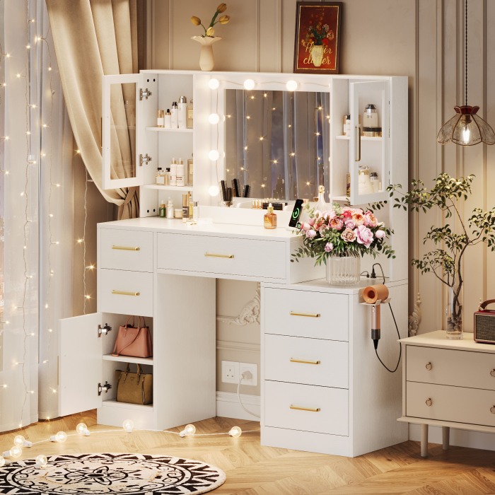 UGTOO 51.18 Inch 6 Drawers 3 Dustproof Cabinet Vanity with Stool