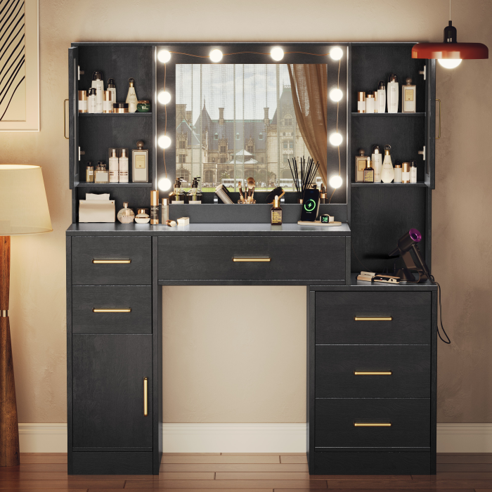 UGTOO 51.18 Inch 6 Drawers 3 Dustproof Cabinet Vanity with Stool