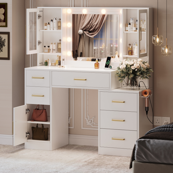 UGTOO 51.18 Inch 6 Drawers 3 Dustproof Cabinet Vanity with Stool
