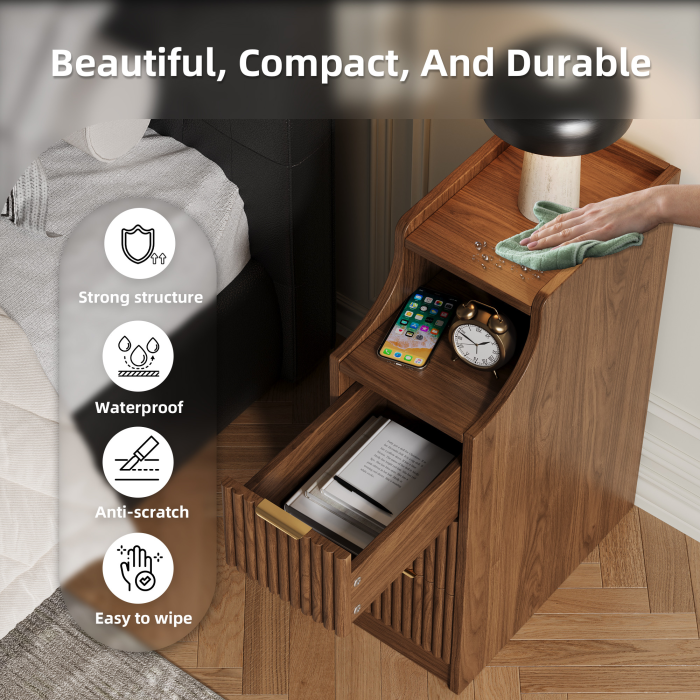 UGTOO 7.8  Ultra Slim Nightstand with 3 Drawers | Narrow Bedside Table