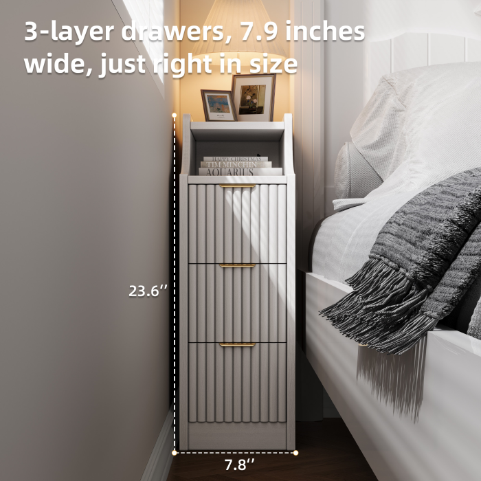 UGTOO 7.8  Ultra Slim Nightstand with 3 Drawers | Narrow Bedside Table