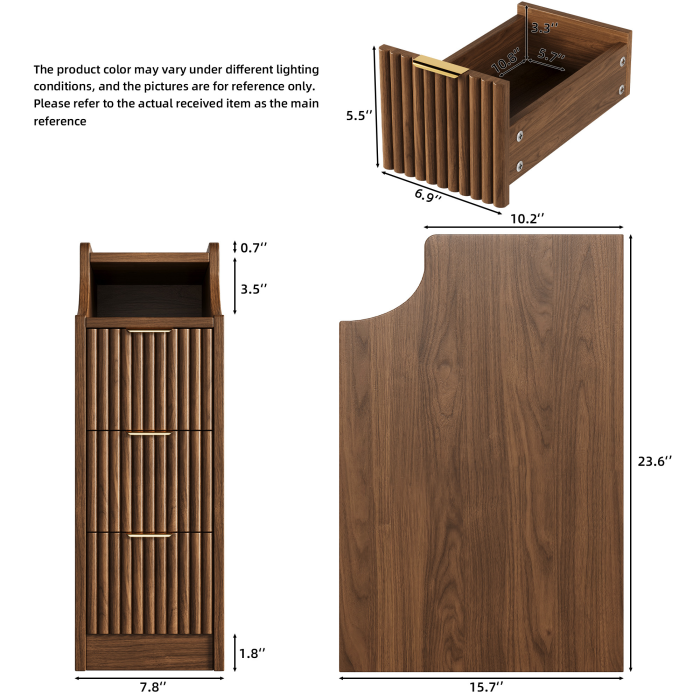 UGTOO 7.8  Ultra Slim Nightstand with 3 Drawers | Narrow Bedside Table