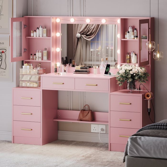 UGTOO 58.3 Inch Vanity with 8 Drawers 2 Dust-proof Cabinets with Stool