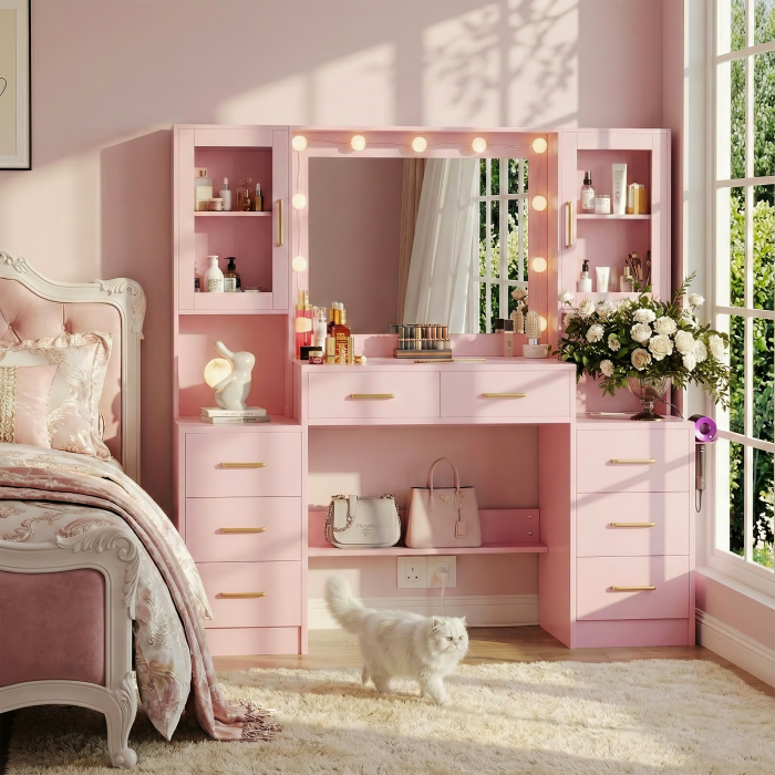 UGTOO 58.3 Inch Vanity with 8 Drawers 2 Dust-proof Cabinets with Stool