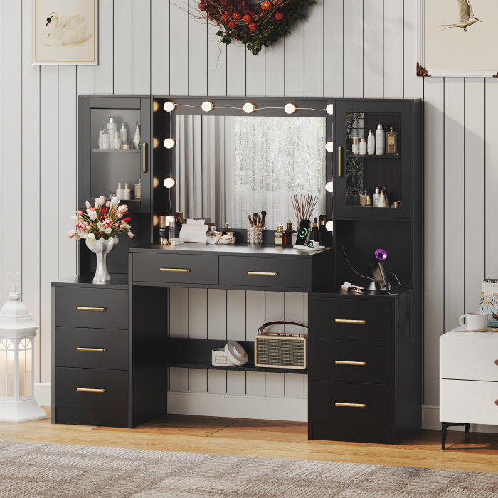 UGTOO 58.3 Inch Vanity with 8 Drawers 2 Dust-proof Cabinets with Stool