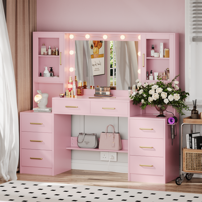 UGTOO 58.3 Inch Vanity with 8 Drawers 2 Dust-proof Cabinets with Stool