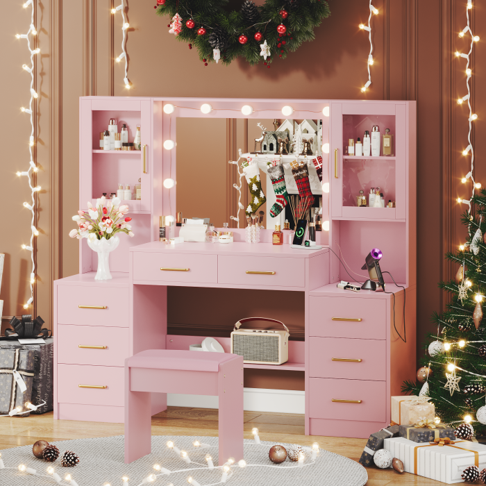 UGTOO 58.3 Inch Vanity with 8 Drawers 2 Dust-proof Cabinets with Stool