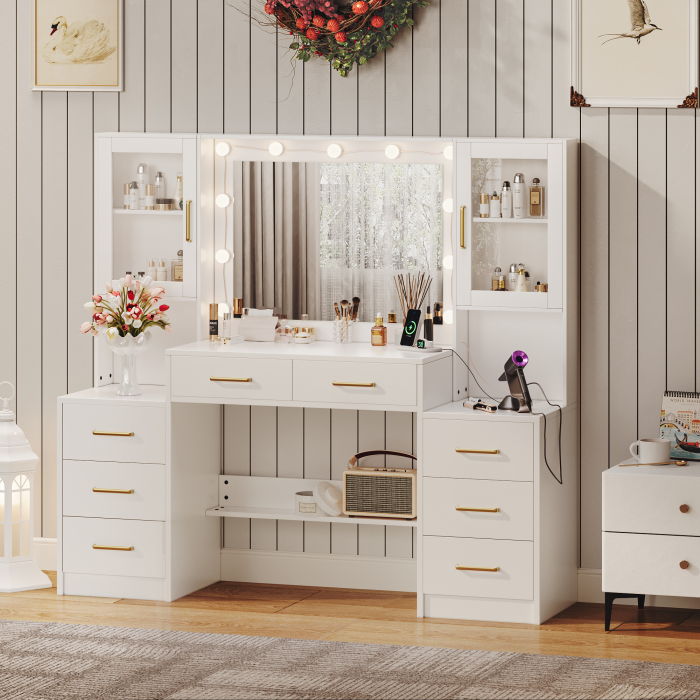 UGTOO 58.3 Inch Vanity with 8 Drawers 2 Dust-proof Cabinets with Stool