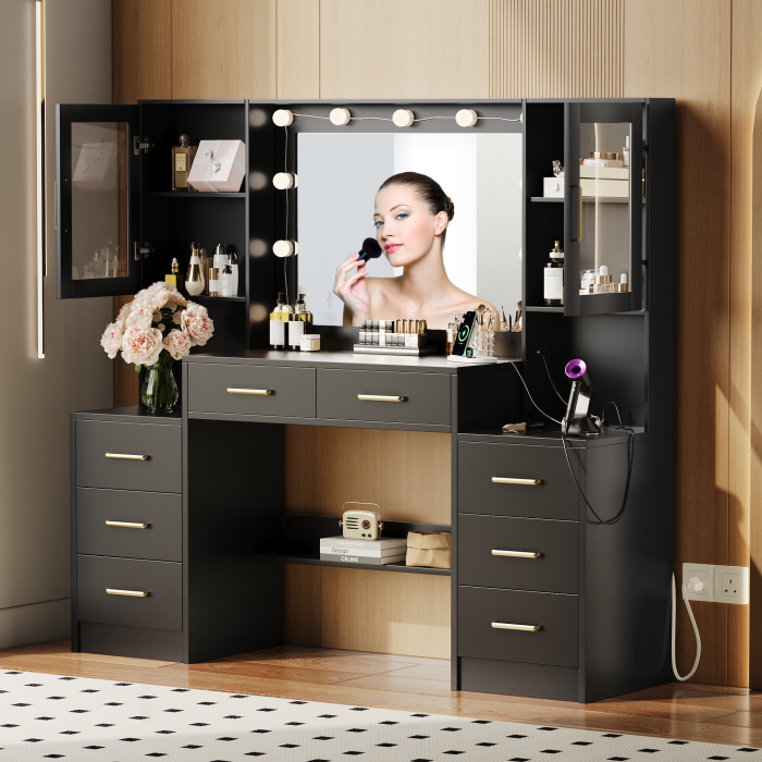 UGTOO 58.3 Inch Vanity with 8 Drawers 2 Dust-proof Cabinets with Stool