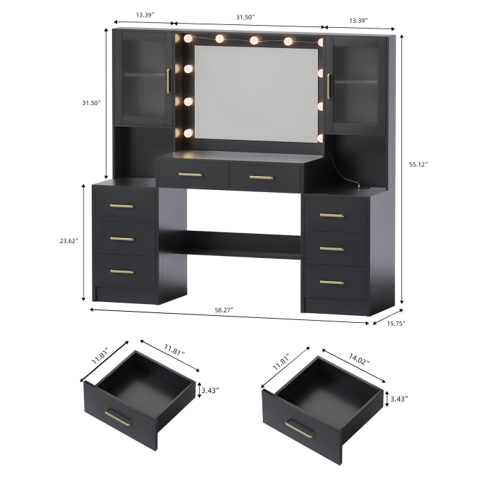UGTOO 58.3 Inch Vanity with 8 Drawers 2 Dust-proof Cabinets with Stool