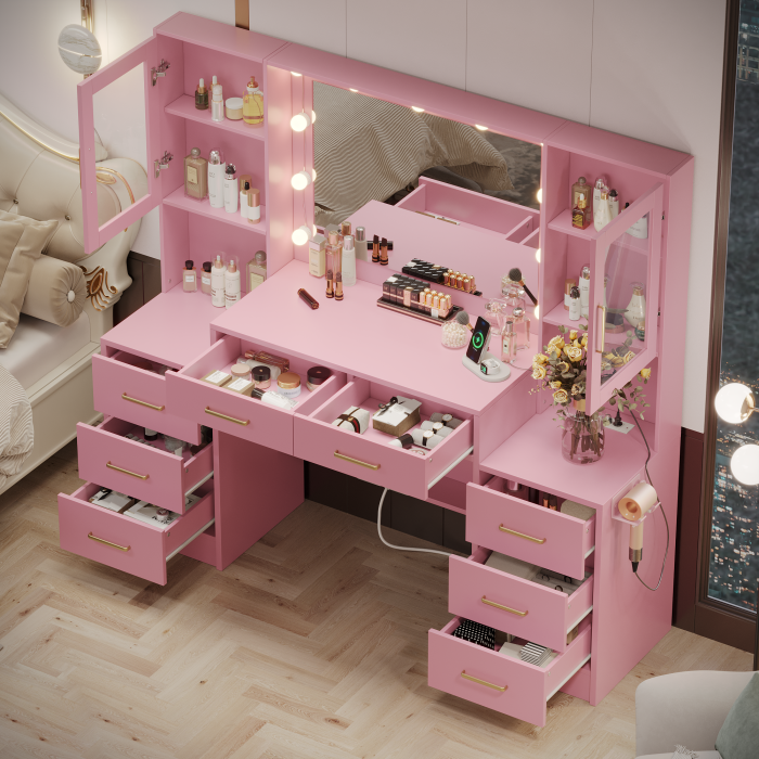 UGTOO 58.3 Inch Vanity with 8 Drawers 2 Dust-proof Cabinets with Stool