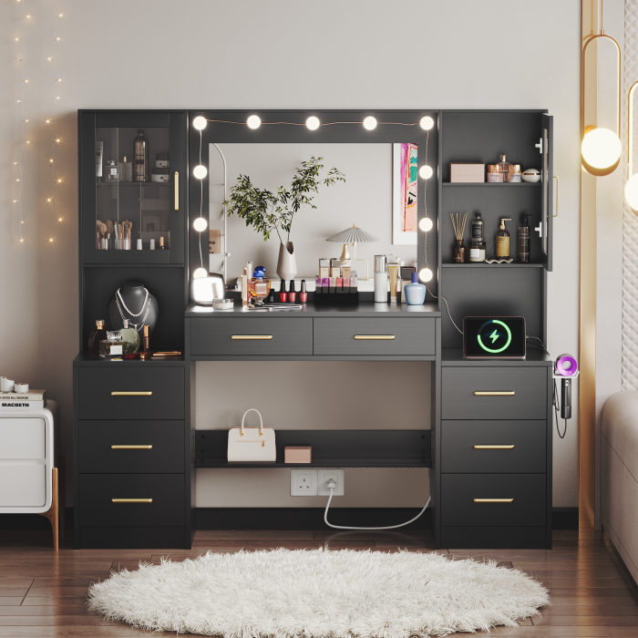 UGTOO 58.3 Inch Vanity with 8 Drawers 2 Dust-proof Cabinets with Stool