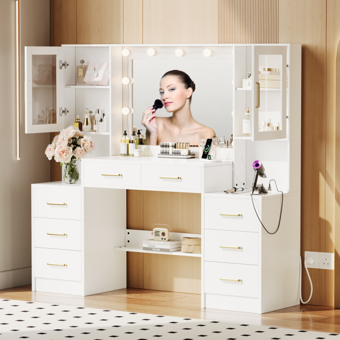 UGTOO 58.3 Inch Vanity with 8 Drawers 2 Dust-proof Cabinets with Stool