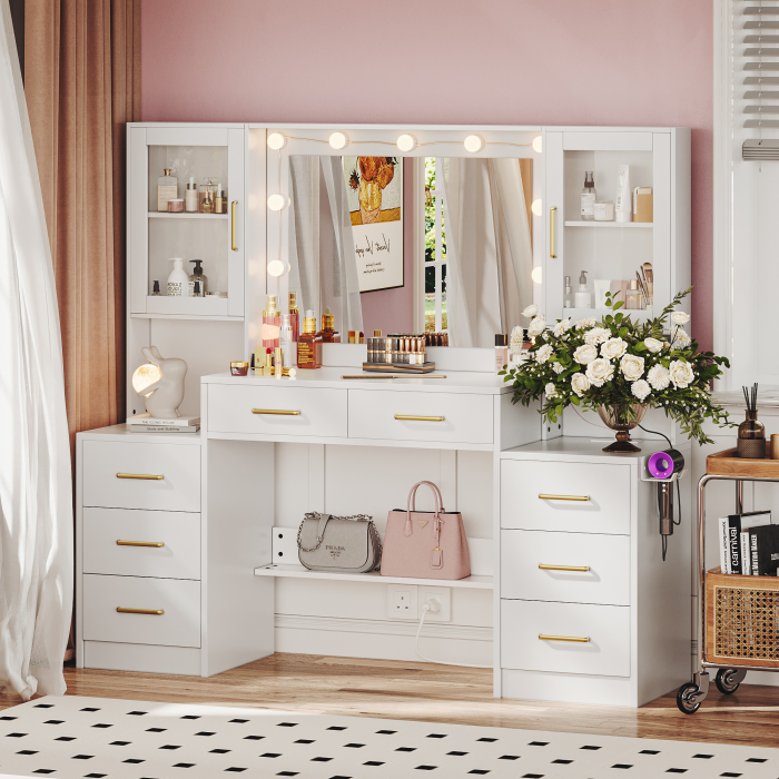 UGTOO 58.3 Inch Vanity with 8 Drawers 2 Dust-proof Cabinets with Stool