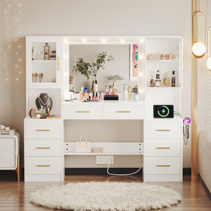 UGTOO 58.3 Inch Vanity with 8 Drawers 2 Dust-proof Cabinets with Stool