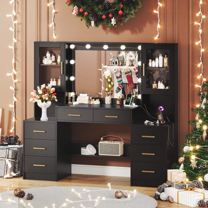 UGTOO 58.3 Inch Vanity with 8 Drawers 2 Dust-proof Cabinets with Stool