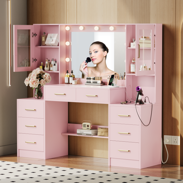 UGTOO 58.3 Inch Vanity with 8 Drawers 2 Dust-proof Cabinets with Stool