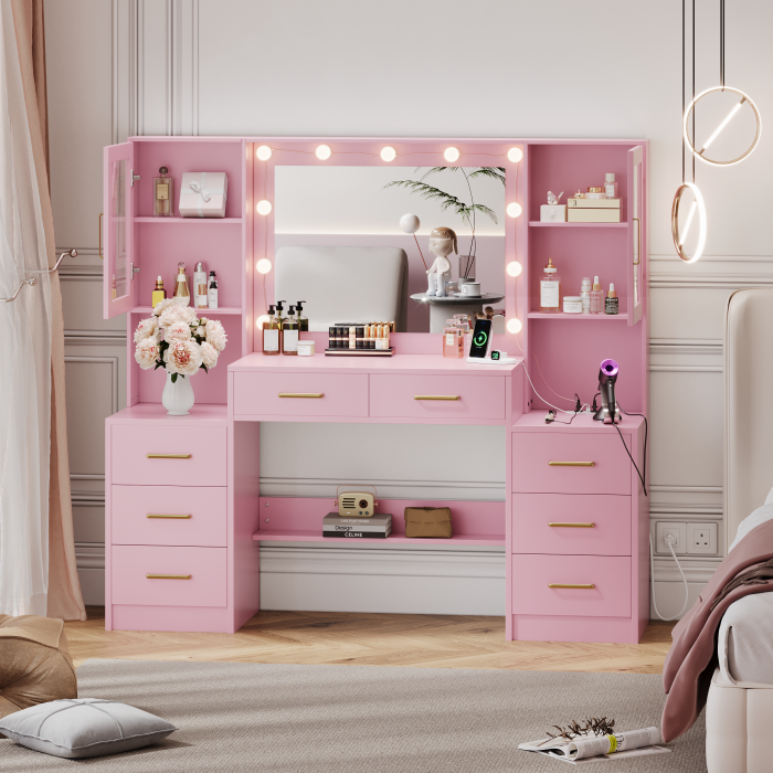 UGTOO 58.3 Inch Vanity with 8 Drawers 2 Dust-proof Cabinets with Stool