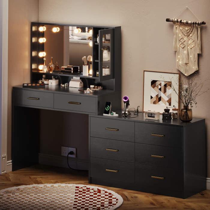 UGTOO 59 Inch White Vanity Table 8 Drawers with Charging Station