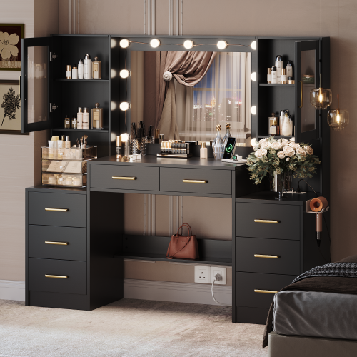 UGTOO 58.3 Inch Vanity with 8 Drawers 2 Dust-proof Cabinets with Stool
