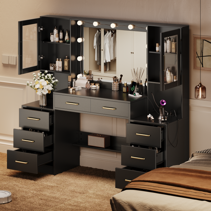UGTOO 58.3 Inch Vanity with 8 Drawers 2 Dust-proof Cabinets with Stool