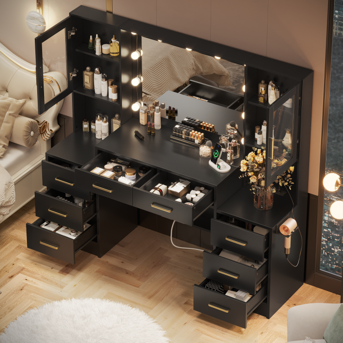 UGTOO 58.3 Inch Vanity with 8 Drawers 2 Dust-proof Cabinets with Stool