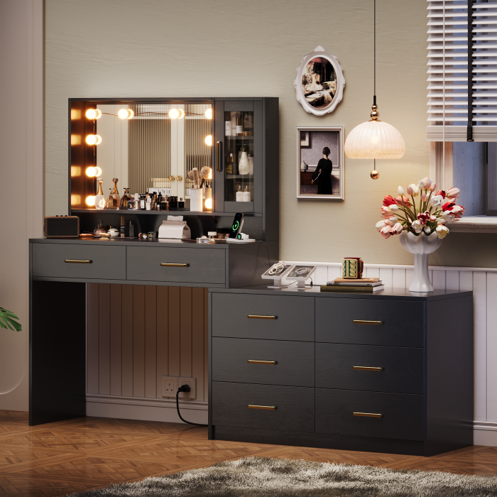 UGTOO 59 Inch White Vanity Table 8 Drawers with Charging Station