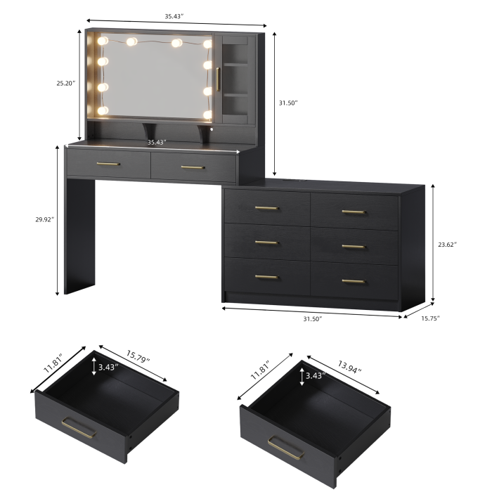 UGTOO 59 Inch White Vanity Table 8 Drawers with Charging Station