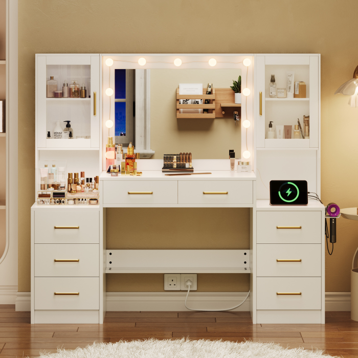 UGTOO 58.3 Inch Vanity with 8 Drawers 2 Dust-proof Cabinets with Stool