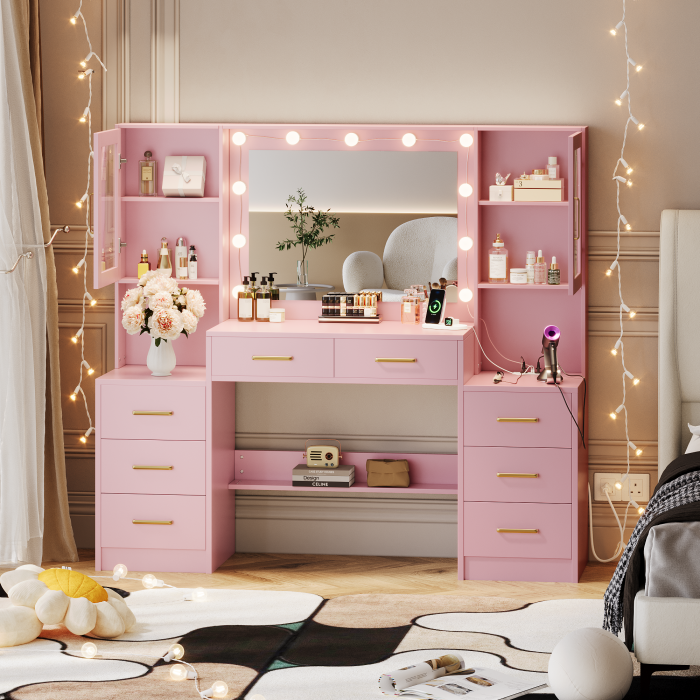 UGTOO 58.3 Inch Vanity with 8 Drawers 2 Dust-proof Cabinets with Stool