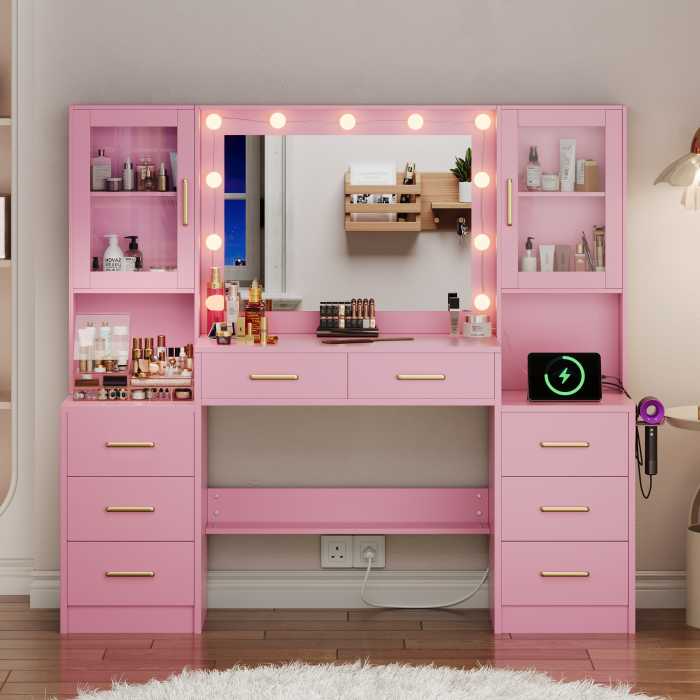 UGTOO 58.3 Inch Vanity with 8 Drawers 2 Dust-proof Cabinets with Stool