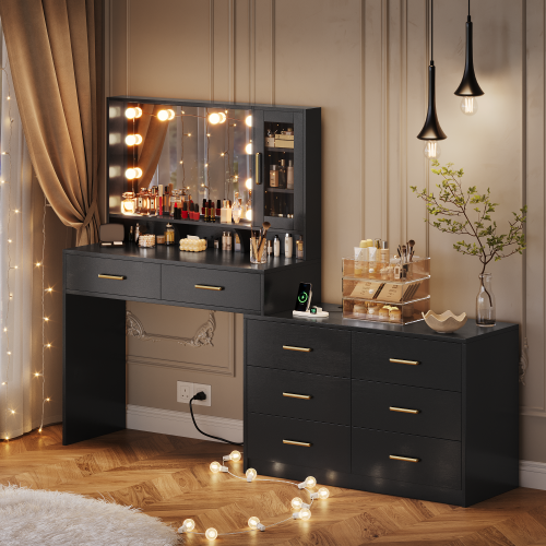 UGTOO 59 Inch White Vanity Table 8 Drawers with Charging Station