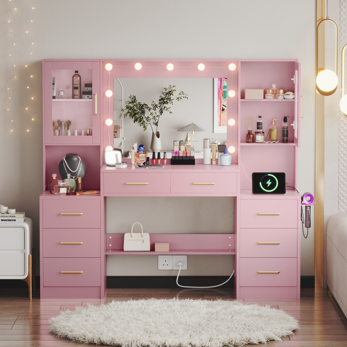UGTOO 58.3 Inch Vanity with 8 Drawers 2 Dust-proof Cabinets with Stool