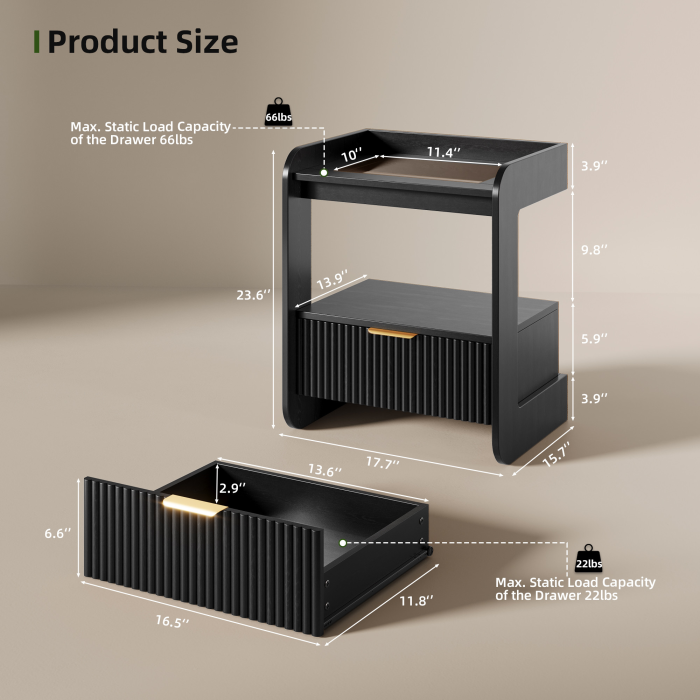 UGTOO 17.7In Modern C-Shaped Nightstand | Fluted End Table with Drawer