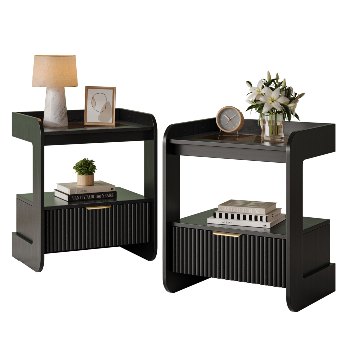 UGTOO 17.7In Modern C-Shaped Nightstand | Fluted End Table with Drawer