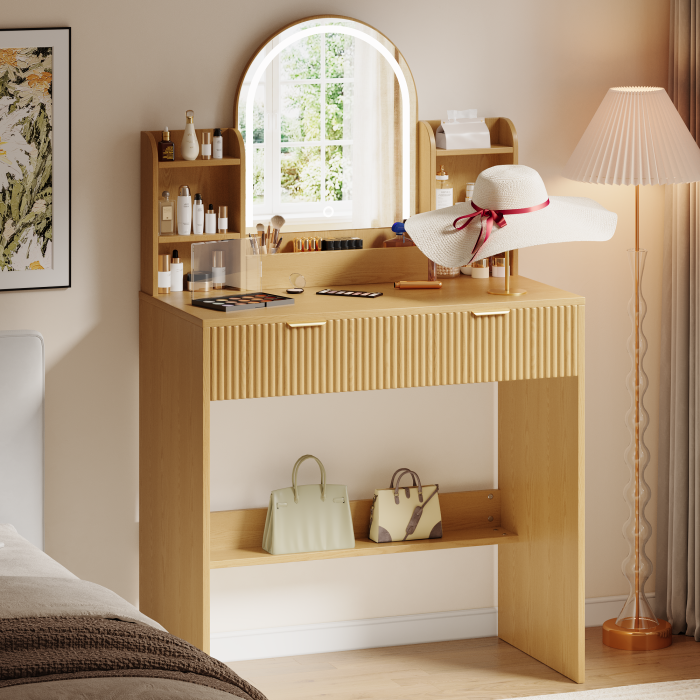UGTOO 30.3In Compact Vanity Desk with Lighted Mirror | Small Makeup Table