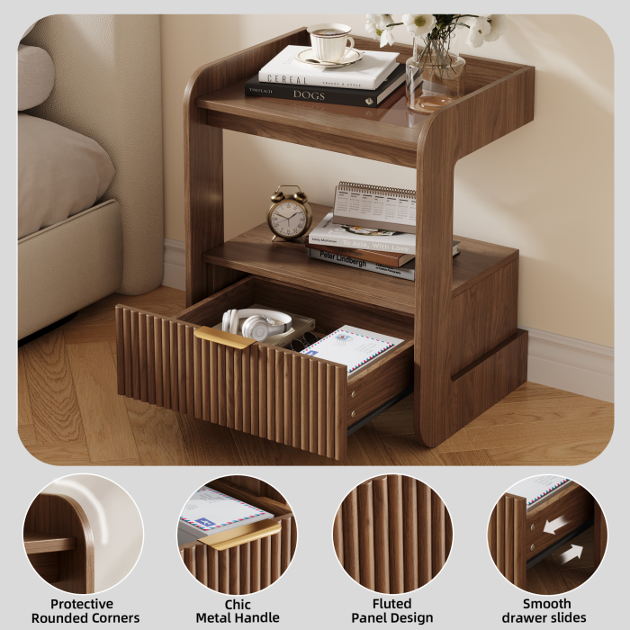 UGTOO 17.7In Modern C-Shaped Nightstand | Fluted End Table with Drawer