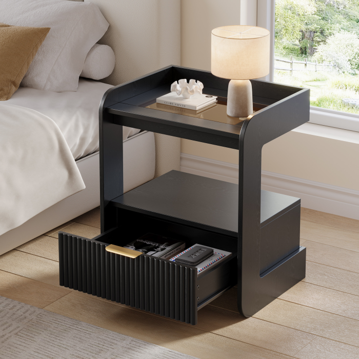UGTOO 17.7In Modern C-Shaped Nightstand | Fluted End Table with Drawer