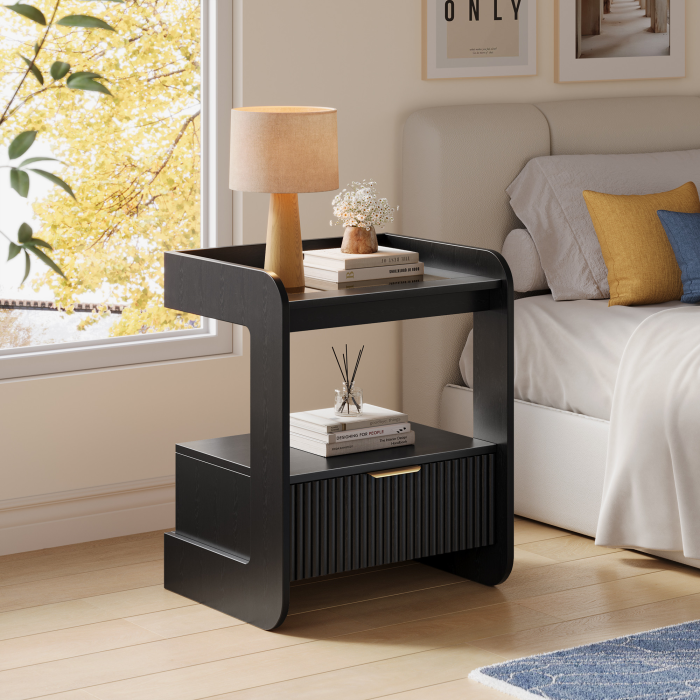 UGTOO 17.7In Modern C-Shaped Nightstand | Fluted End Table with Drawer