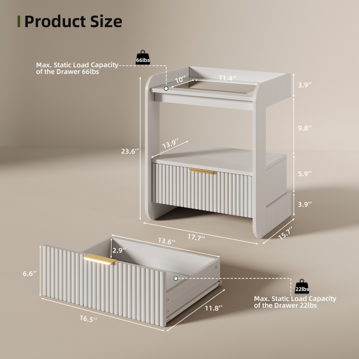 UGTOO 17.7In Modern C-Shaped Nightstand | Fluted End Table with Drawer