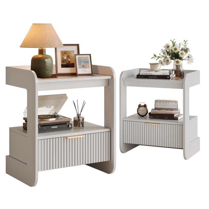 UGTOO 17.7In Modern C-Shaped Nightstand | Fluted End Table with Drawer