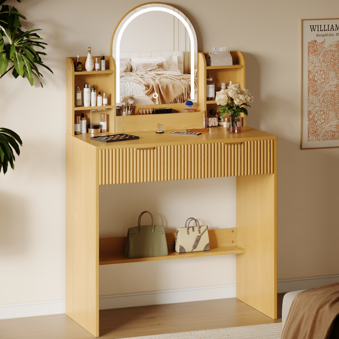 UGTOO 30.3In Compact Vanity Desk with Lighted Mirror | Small Makeup Table