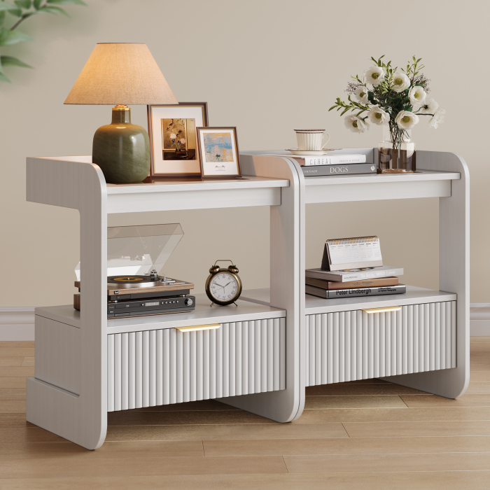 UGTOO 17.7In Modern C-Shaped Nightstand | Fluted End Table with Drawer