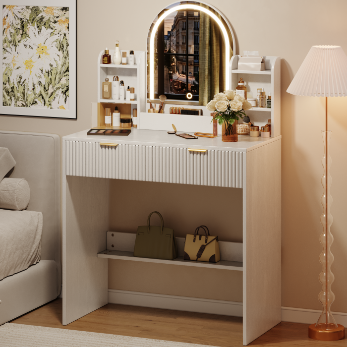 UGTOO 30.3In Compact Vanity Desk with Lighted Mirror | Small Makeup Table
