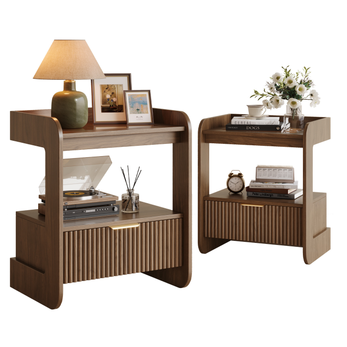 UGTOO 17.7In Modern C-Shaped Nightstand | Fluted End Table with Drawer
