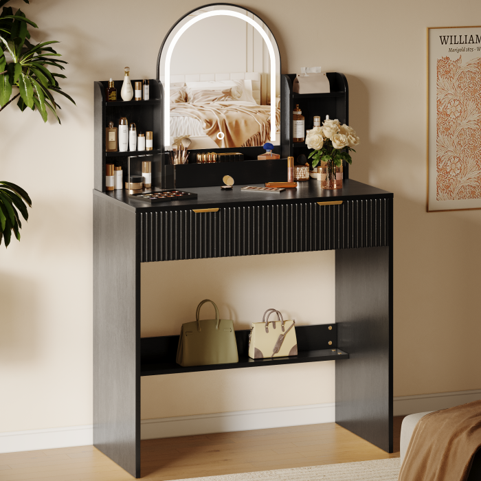 UGTOO 30.3In Compact Vanity Desk with Lighted Mirror | Small Makeup Table