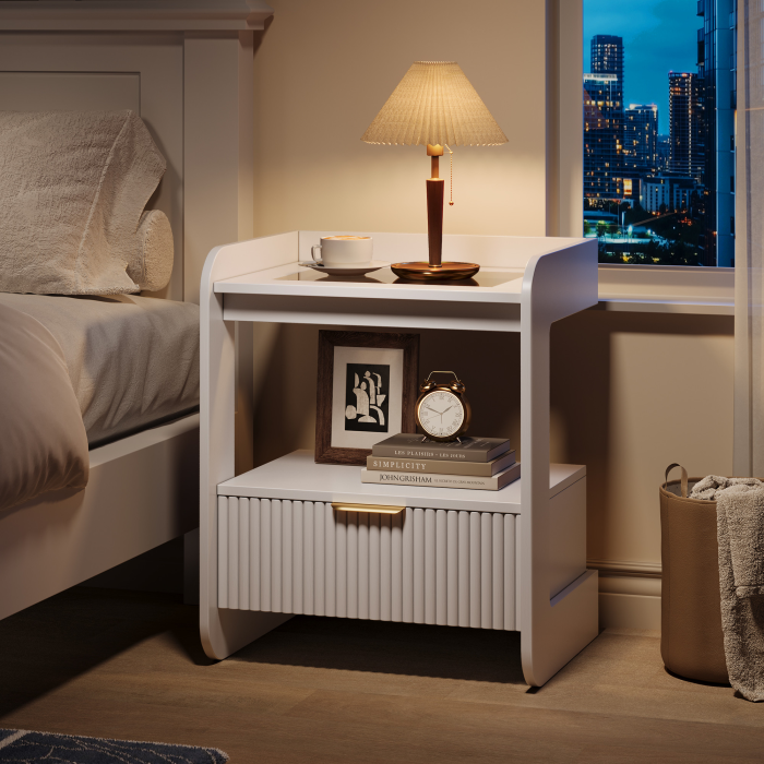 UGTOO 17.7In Modern C-Shaped Nightstand | Fluted End Table with Drawer