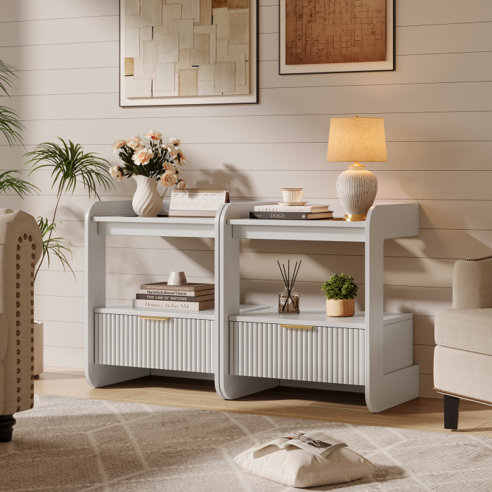 UGTOO 17.7In Modern C-Shaped Nightstand | Fluted End Table with Drawer